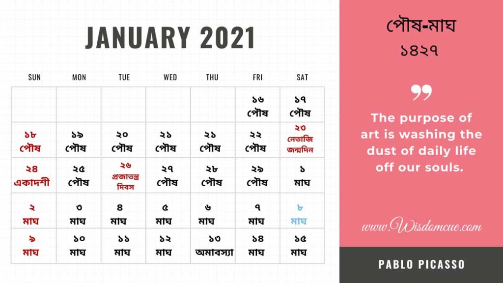  Bengali calendar January 1427